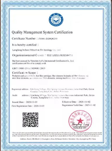 China Langfang Lvshen Filtration Technology Co., Ltd. certification